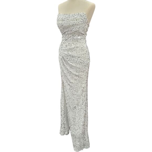 NWT White Silver Strapless Sequin Evening Gown with Corset Back on Velvet Fabric - Picture 3 of 14